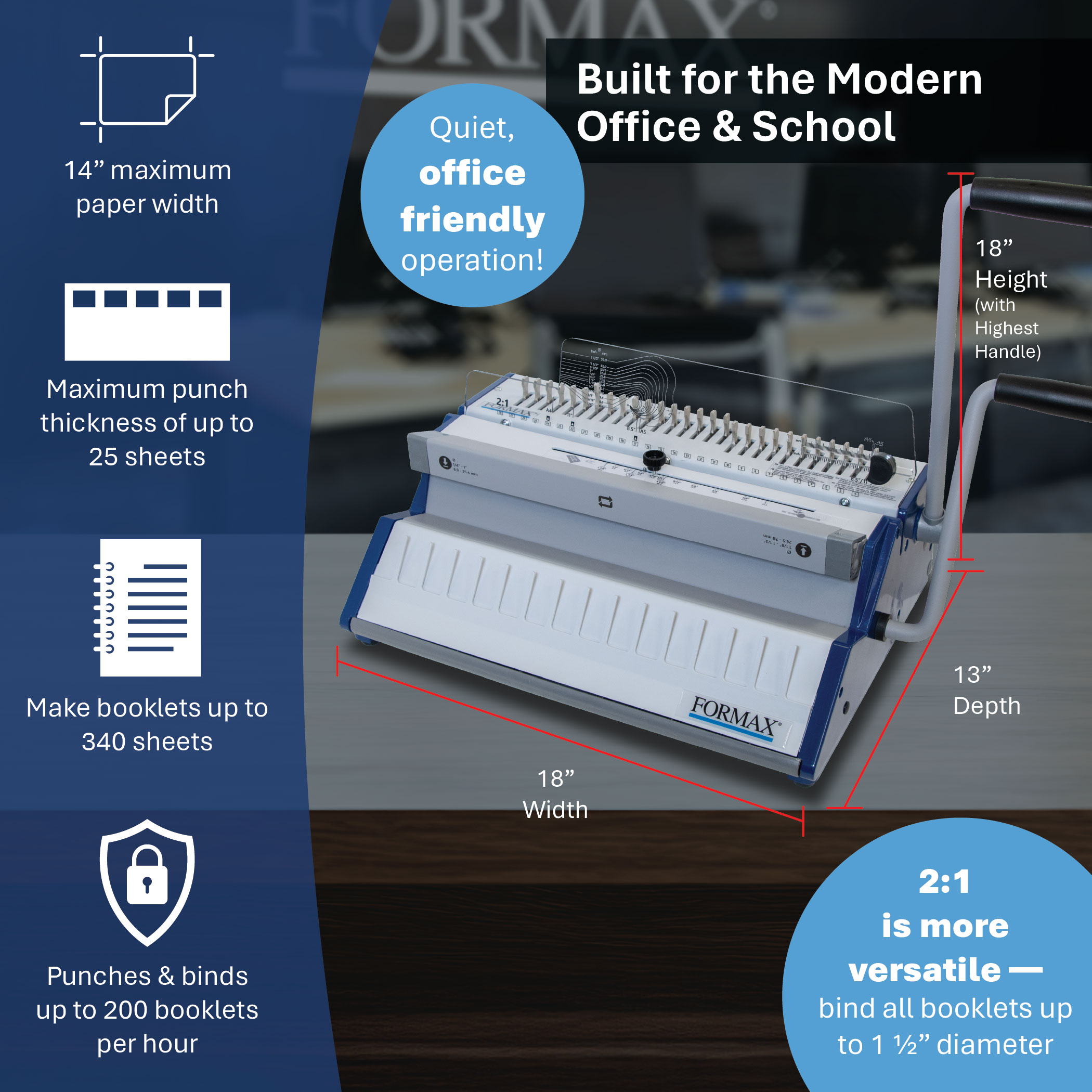 Formax ReadyWire2M specs, 14 inch paper width, 25 sheet punch, 340 sheet books, 18 x 13 x 18 inches