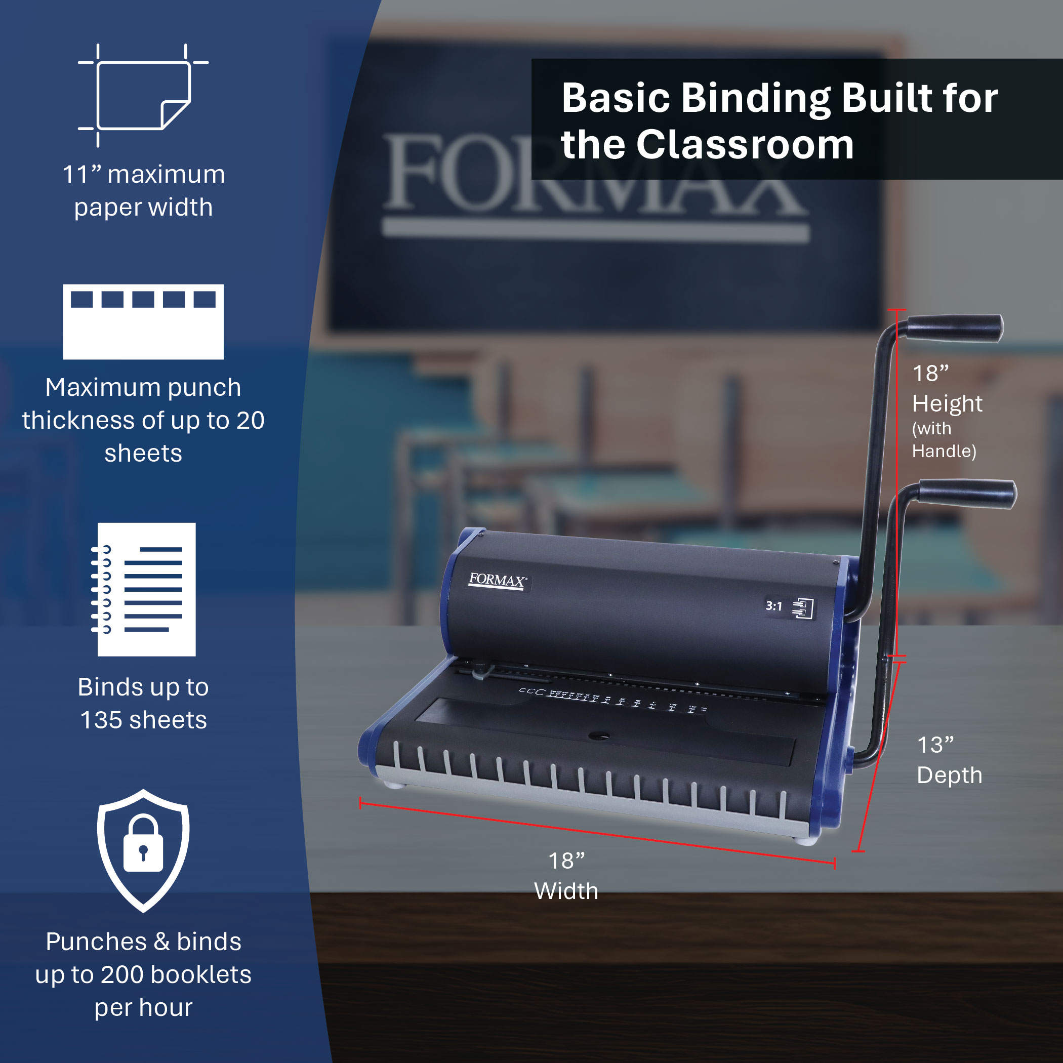 Formax ReadyWire3B specs, 11 inch paper width, 20 sheet punch, 135 sheet books, 18 x 13 x 18 inches