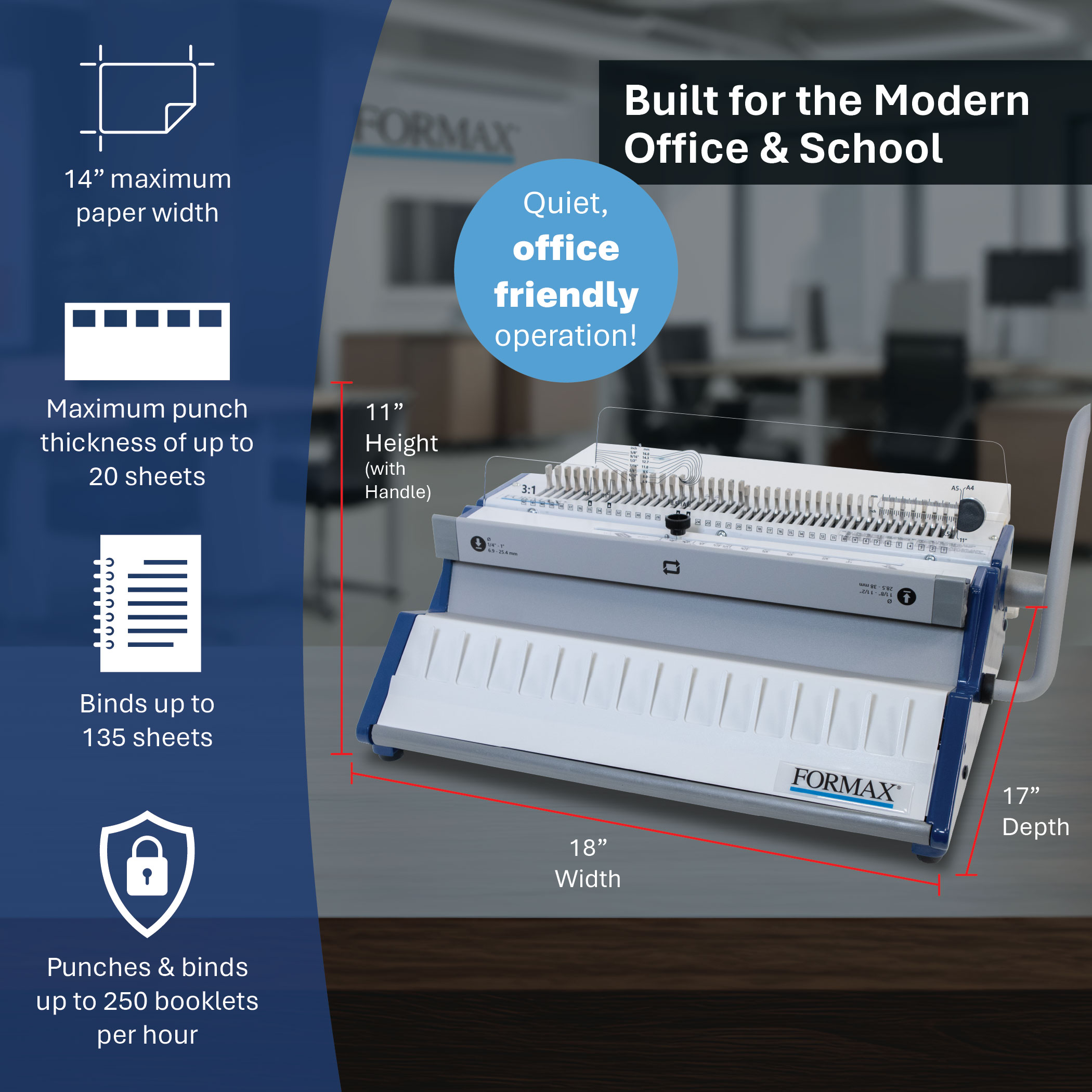 Formax ReadyWire3E specs, 14 inch paper width, 20 sheet punch, 135 sheet books, 18 x 17 x 11 inches
