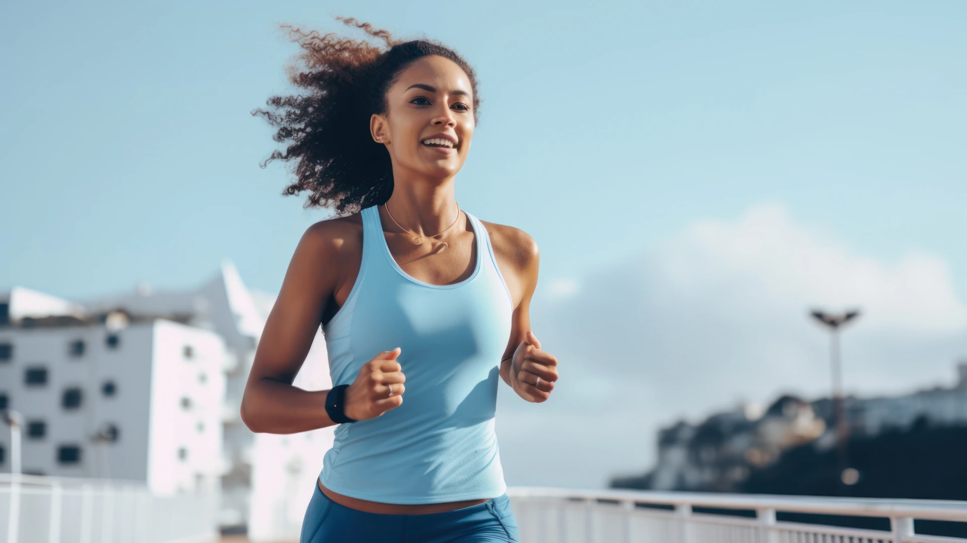 Runner smiling on a sunny city run