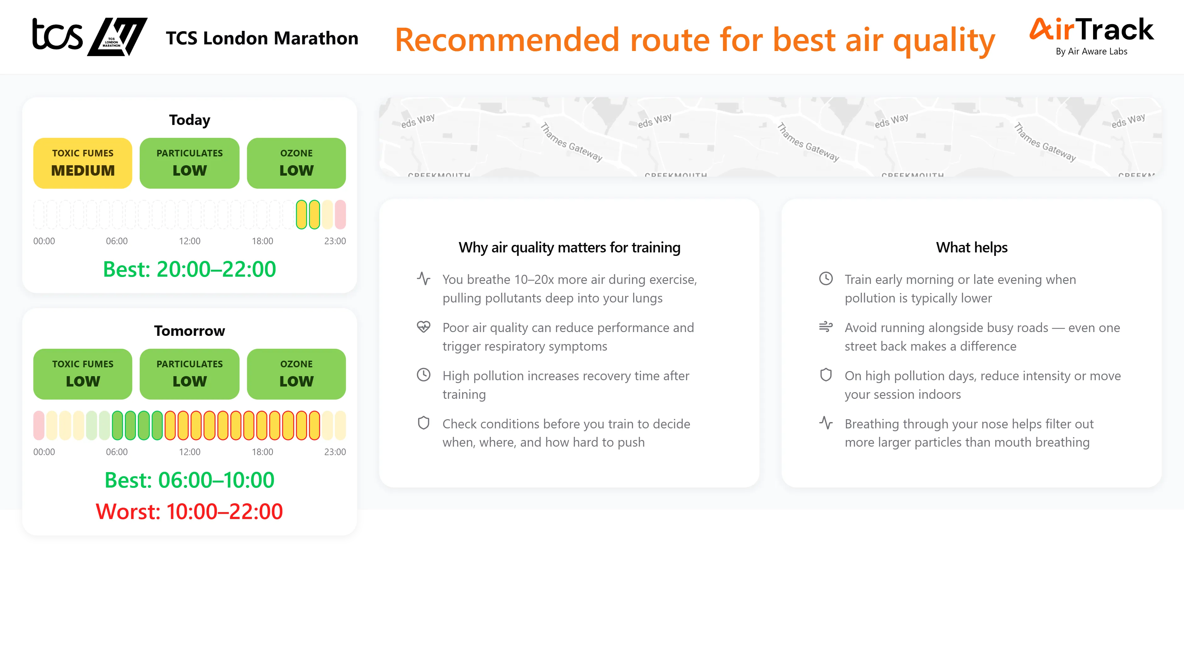 Daily air quality forecast screen for elite athletes, with the best hours to train and the cleaner route