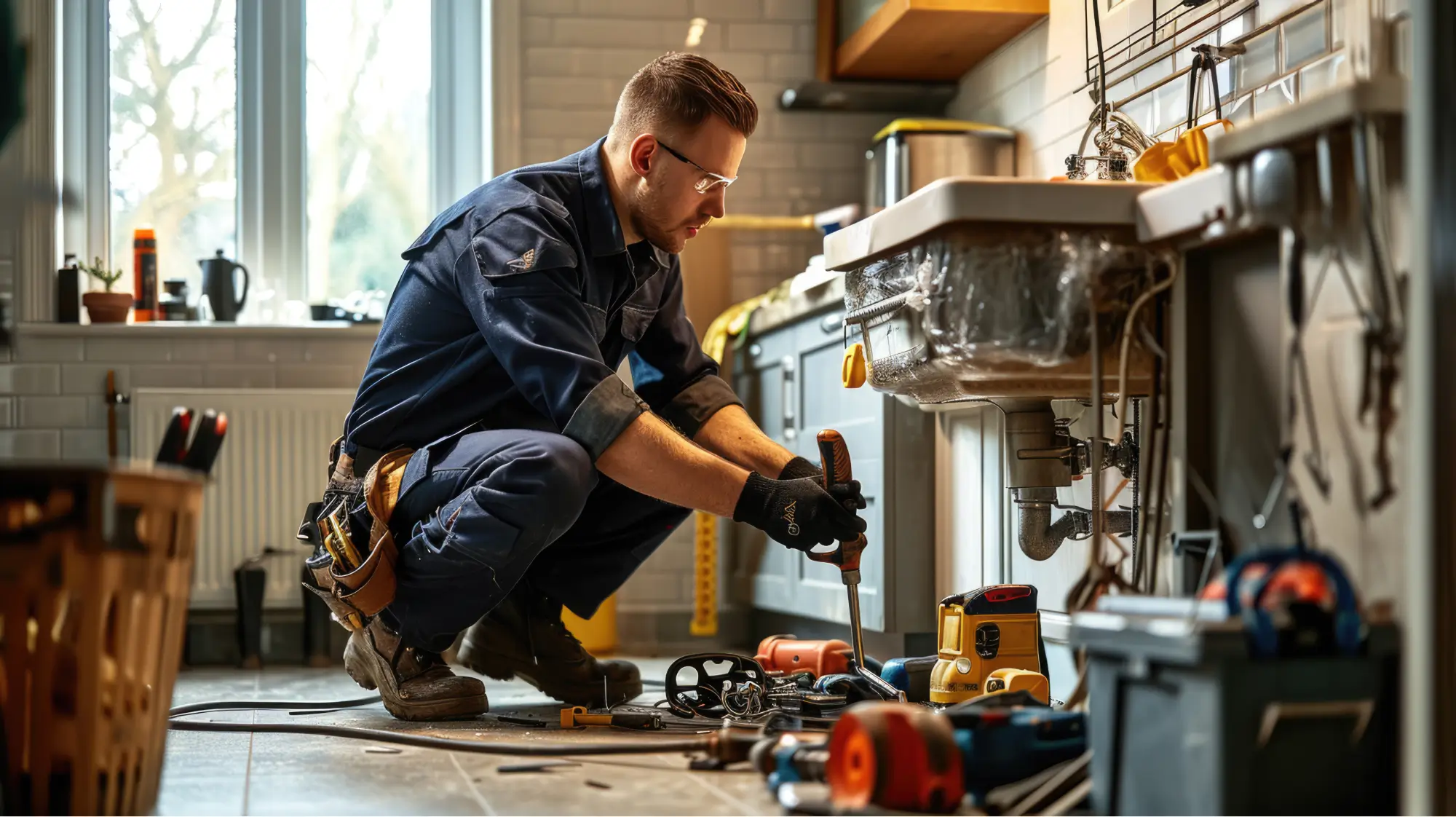AI generated image of engineer carrying out work inside someone's kitchen.