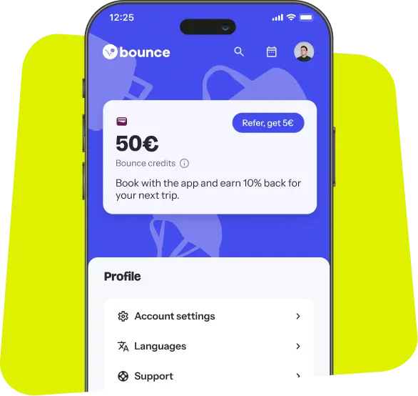 Mobile phone screen showing Bounce app profile with 50€ credits, referral offer for 5€, and profile options including account settings, languages, and support.