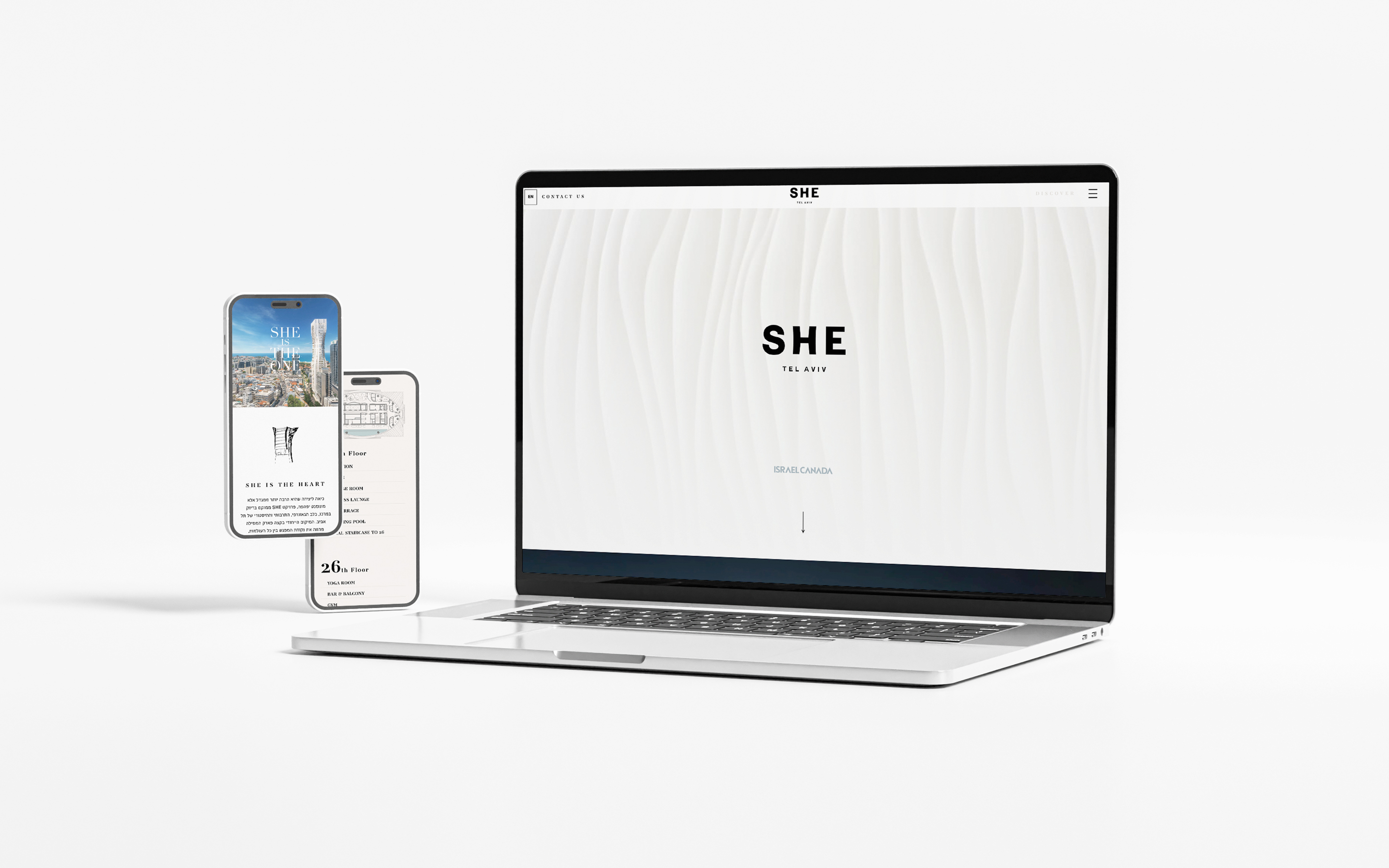 SHE Tel Aviv website shown on laptop and mobile