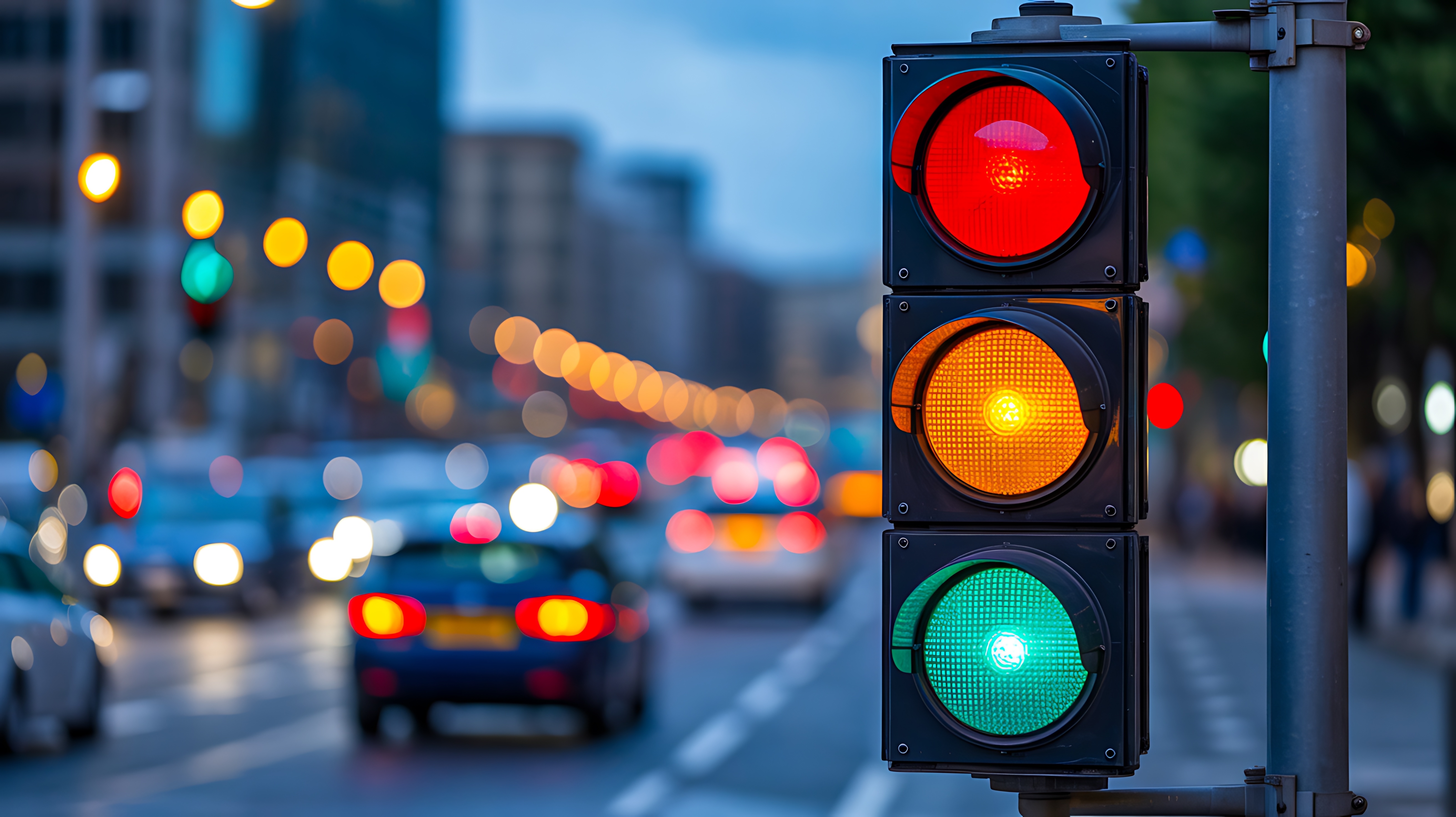 Traffic signal controlling vehicles on a busy city street