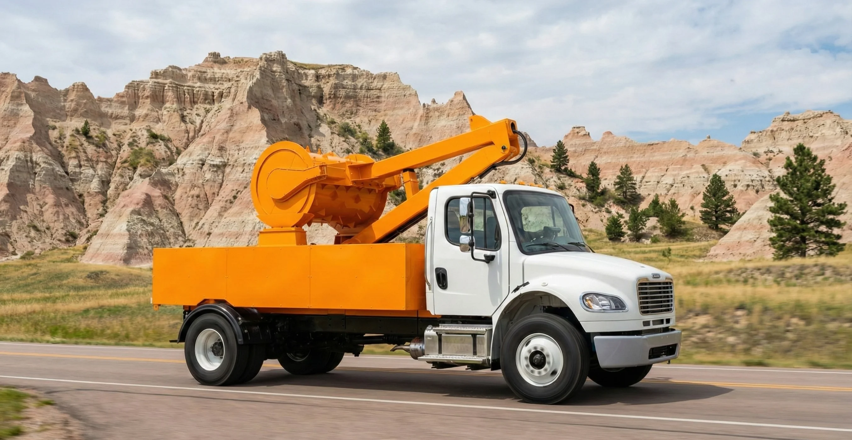 An orange Packmat truck on the road in the mountains