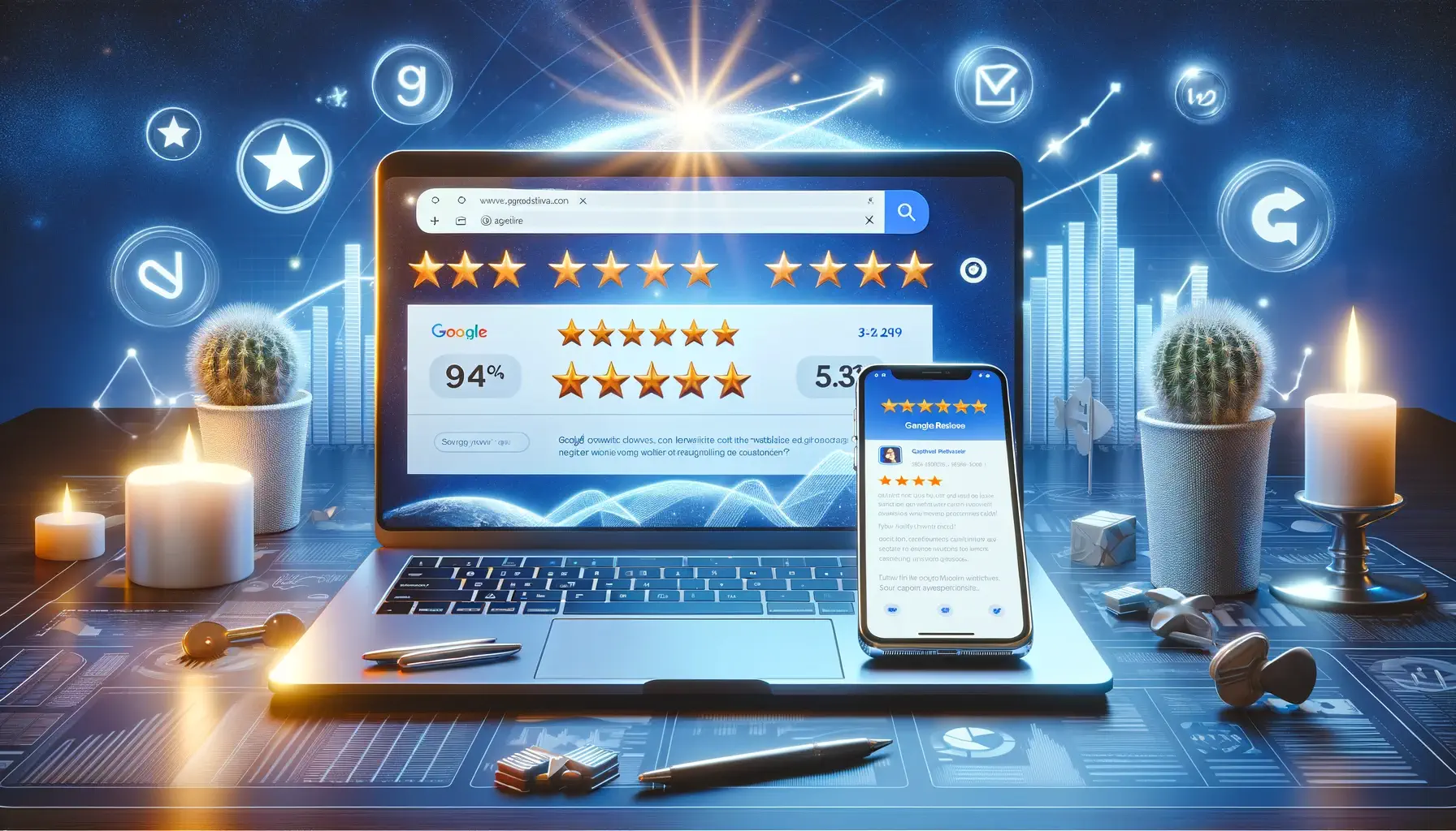 Laptop and cellphone with 5-star google review
