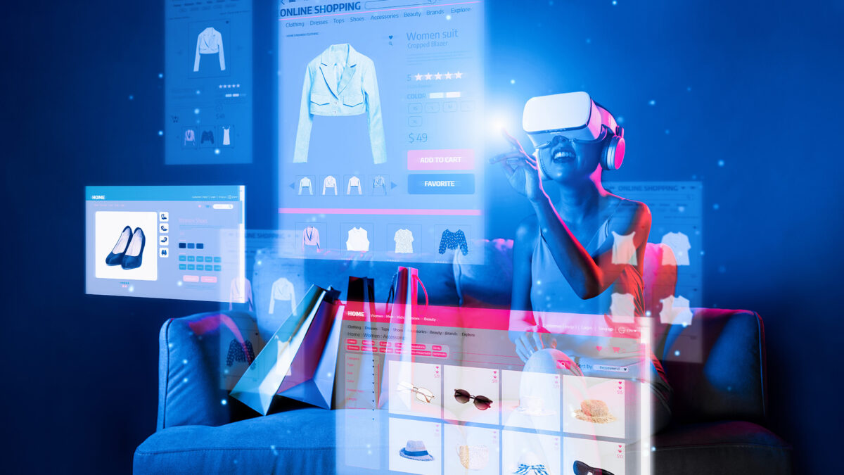 Woman using VR headset for immersive online shopping experience with virtual fashion and product displays around her