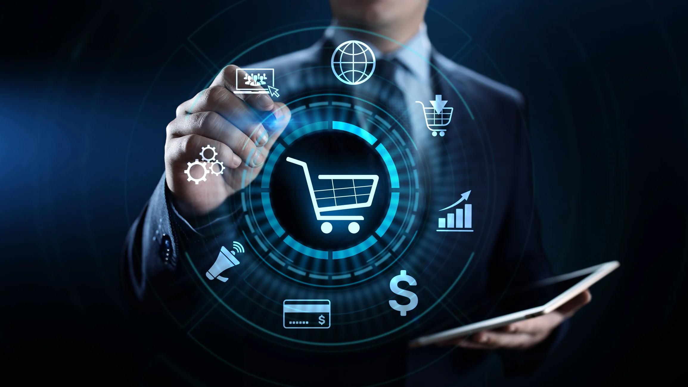 Business professional interacting with a digital eCommerce interface showing shopping cart, analytics, automation, and online shopping icons — representing eCommerce data extraction, product scraping, and automated retail analytics