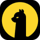 Black silhouette of a llama head against a yellow circular background.