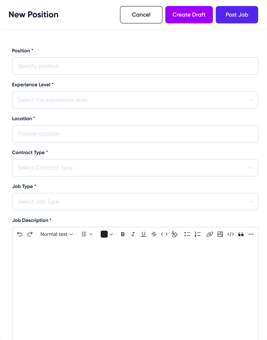Rockinrole ‘New Position’ form with fields for position title, experience level, location, contract type, job type, and a rich text editor for job description, plus buttons for Cancel, Create Draft, and Post Job.
