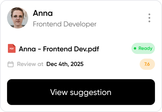 User profile card for Anna, Frontend Developer, showing a PDF named 'Anna - Frontend Dev.pdf' marked as Ready, with a review date of Dec 4th, 2025, and a button labeled View suggestion.