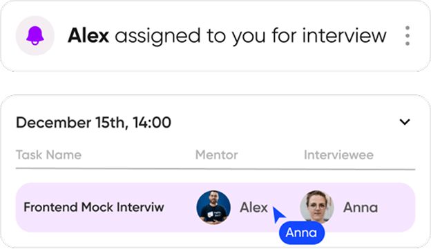 Notification that Alex assigned an interview task with a schedule showing December 15th, 14:00 for Frontend Mock Interview where Alex is mentor and Anna is interviewee.