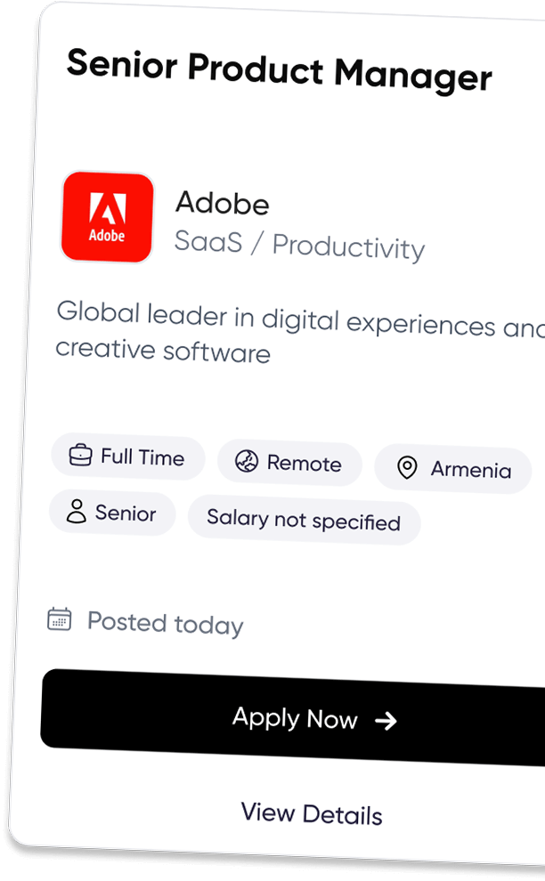 Job listing for Senior Product Manager at Adobe in SaaS and Productivity, full-time, remote, based in Armenia, senior level with salary not specified.