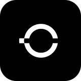 White circular icon with a horizontal line cutting through the center on a black background.