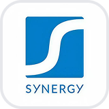 Blue square with a white stylized S shape above the word SYNERGY.