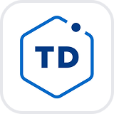 Blue hexagonal outline with letters TD inside and a small dot on the top right corner on a white rounded square background.