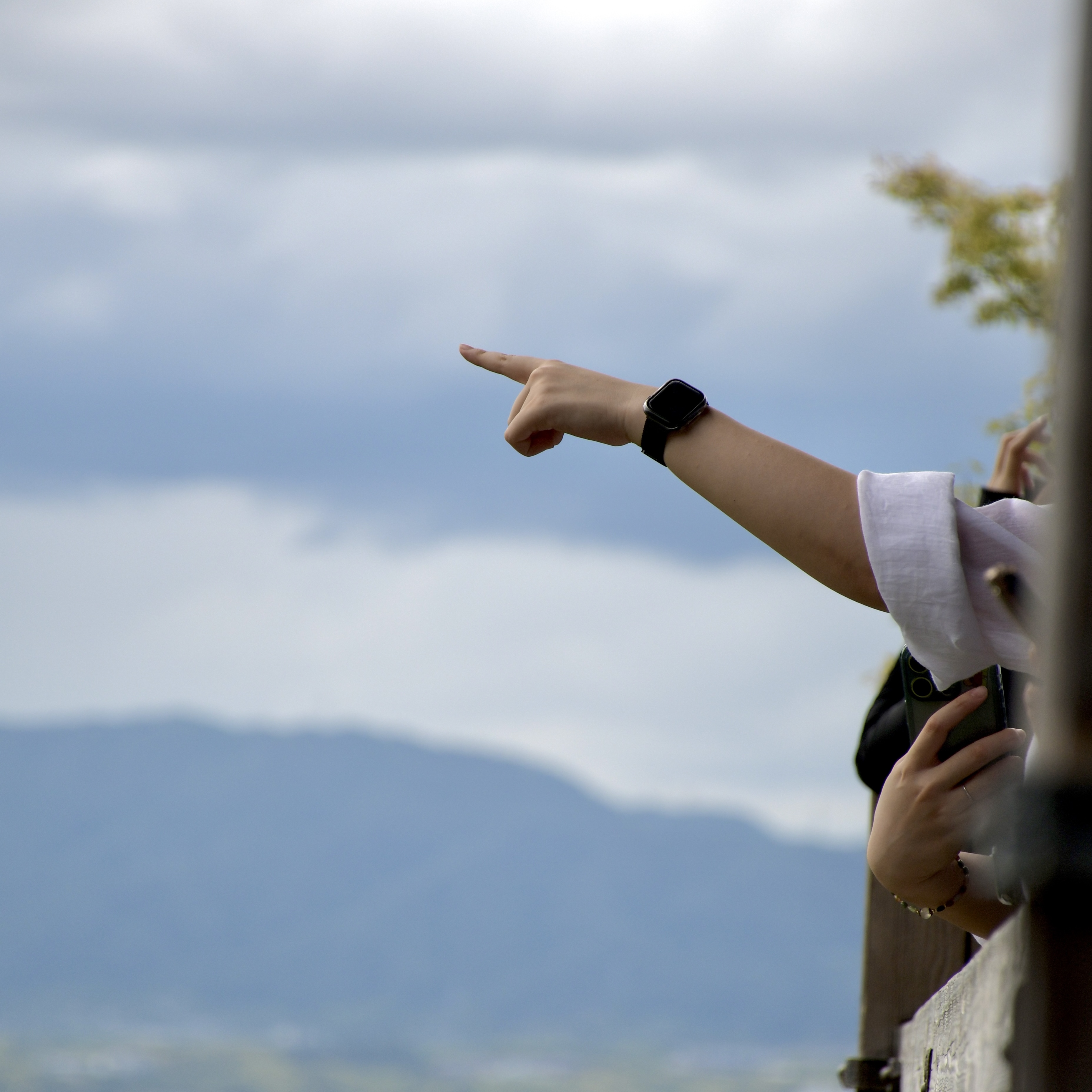 A photograph of a hand pointing at the sky