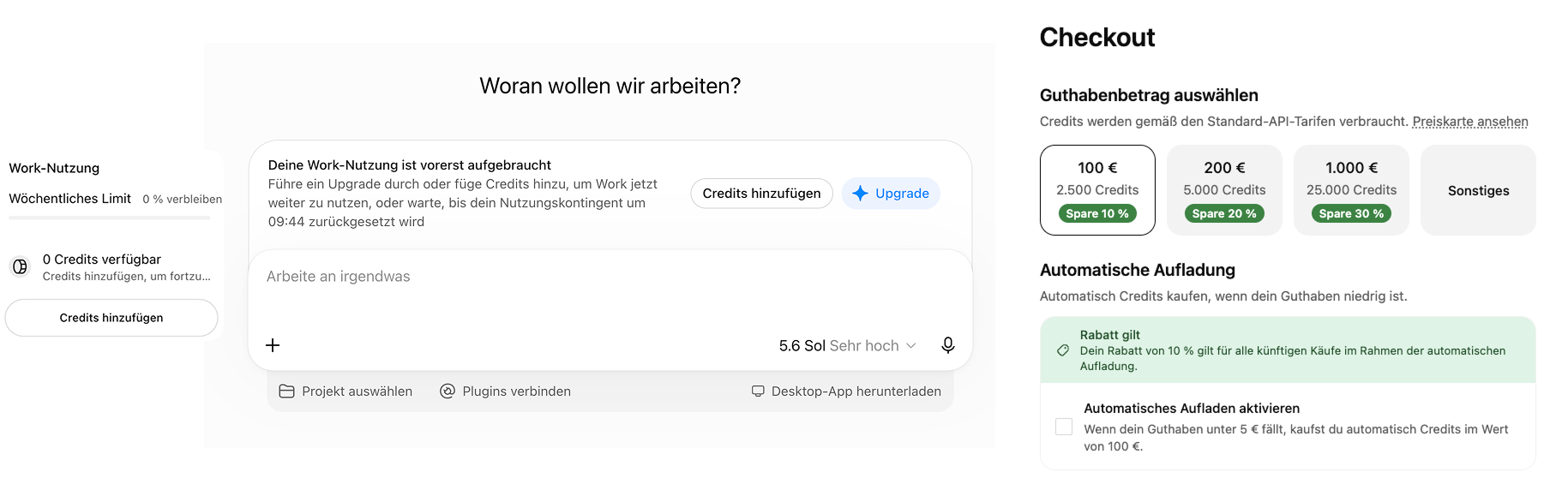 ChatGPT zeigt keine verfügbaren Credits und verschiedene Optionen zum Kauf neuer Credits