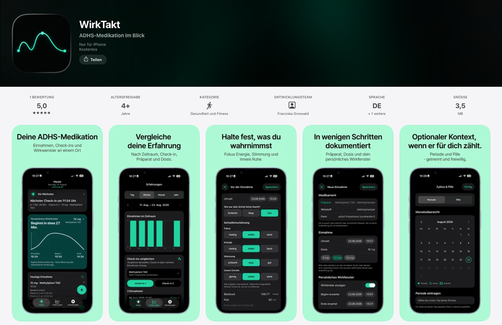 Die App-Store-Produktseite von WirkTakt mit fünf Vorschau-Screens der wichtigsten Funktionen