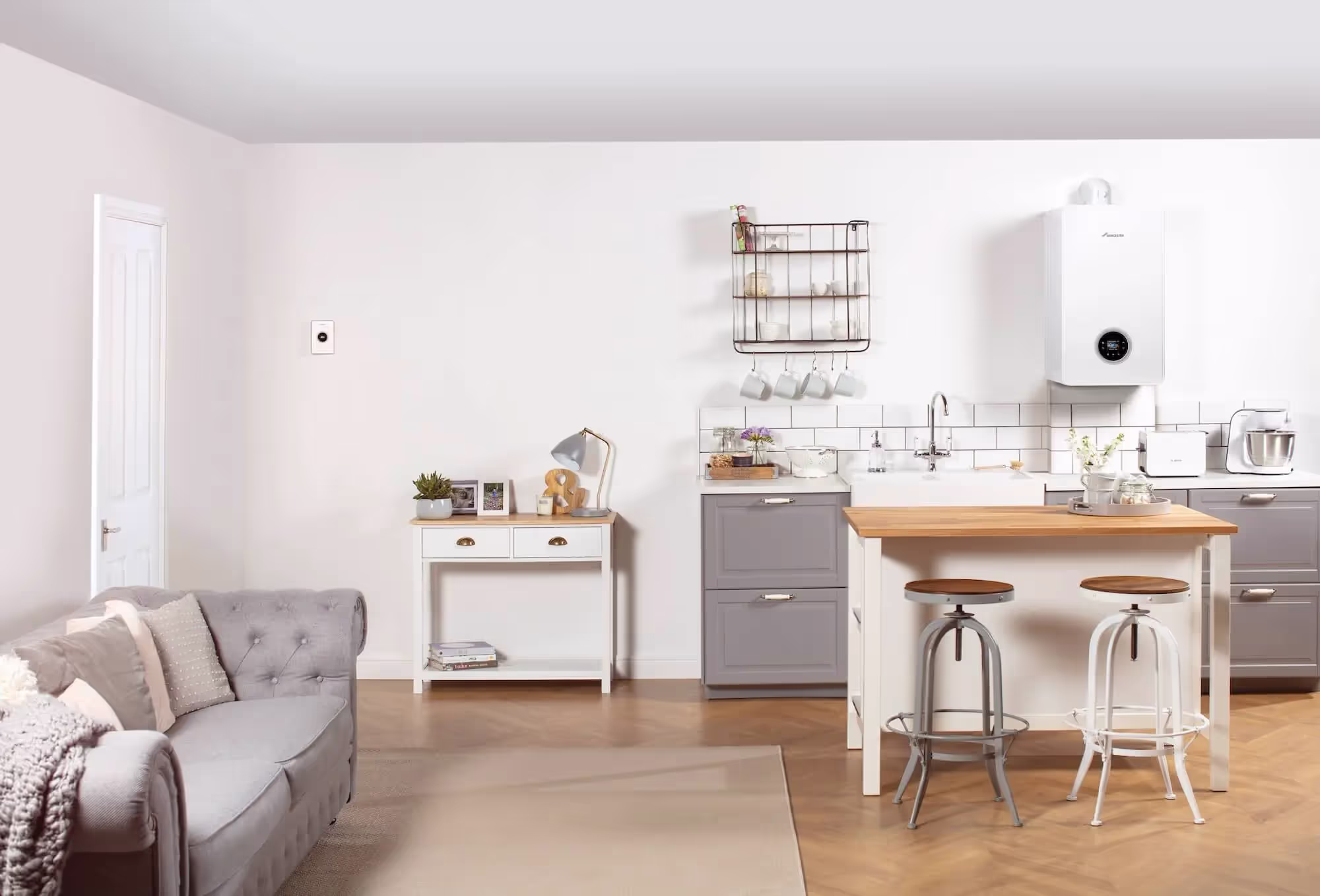 Worcester Bosch 4000 boiler on the wall of a modern kitchen