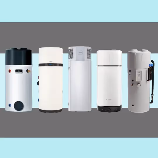 A collection of different DHW heat pumps in one image, including Vaillant, Mixergy, Daikin and others
