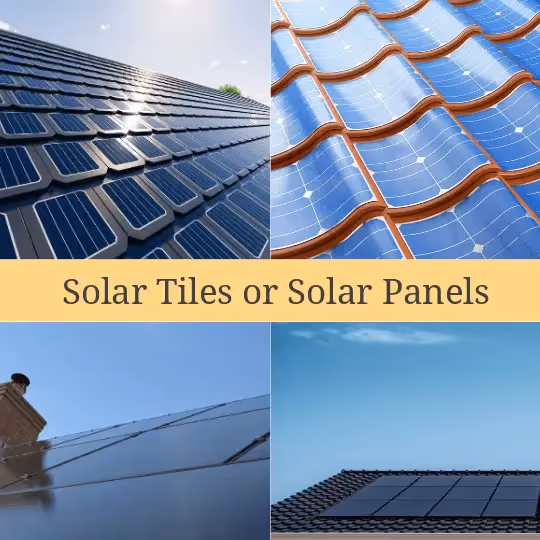 A quadrant of pictures, two of solar tiles in the top right and left corners and two images of solar panels below