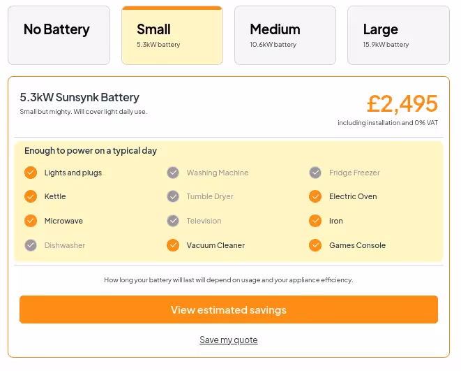 A screenshot of the dwellow website solar buying journey, showing battery sizes and the different appliances they can run