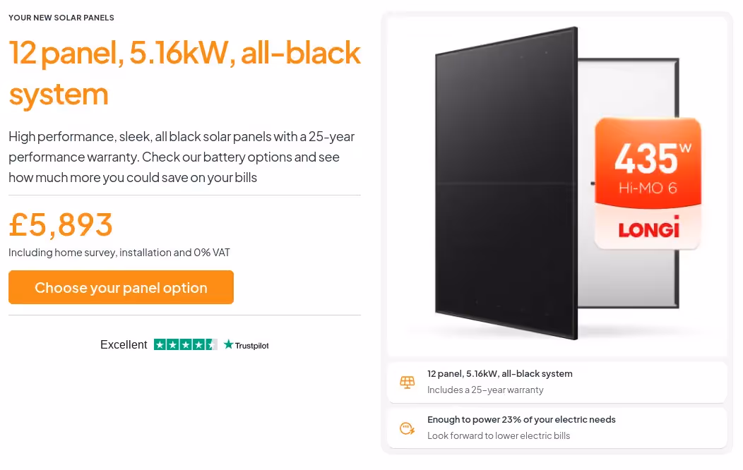 A screenshot of the dwellow website solar buying journey, showing a quote for a 12 panel system from the quote page