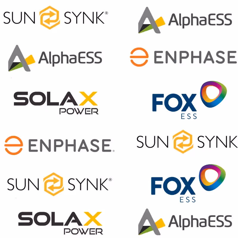 A white background with various solar brand logos scattered on the page