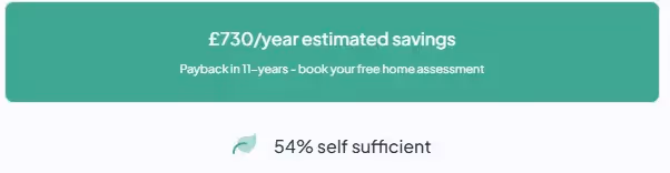 A screenshot of the dwellow website solar buying journey, showing estimated annual savings from a solar system and self sufficiency