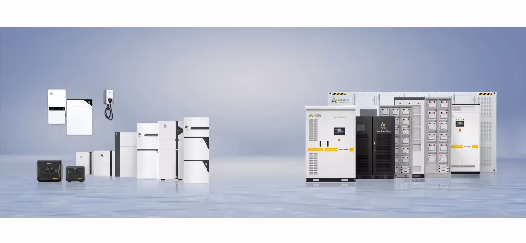 An image of the Alpha ESS range of solar battery products, lined up with a blue background