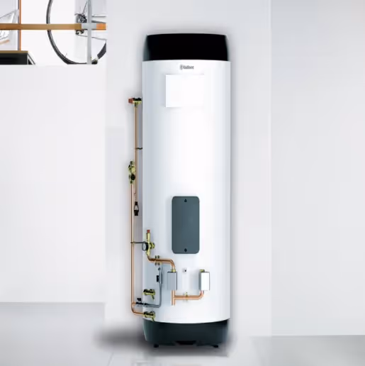 An image of a pre-plumbed Vaillant Unistor Heat Pump cylinder in an all white room 