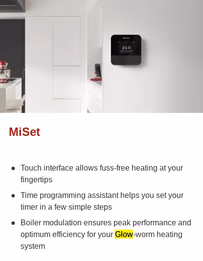 A image of a MiSet thermostat on the wall of a kitchen in a house