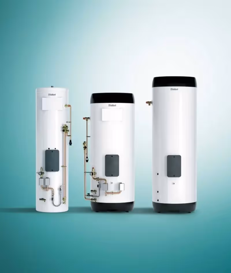An image of the 3 different Vaillant Unistor DWH Cylinders, including pre-plumbed, slimline and standard