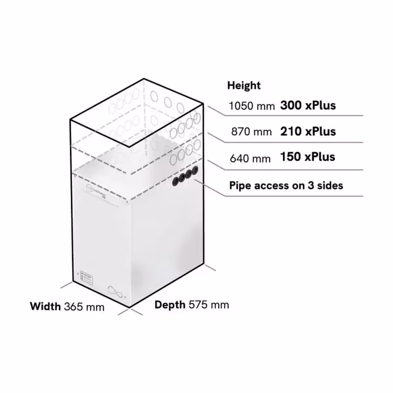An image of the dimensions of the sunamp thermino x-plus in all the different sizes (150, 210, 300)