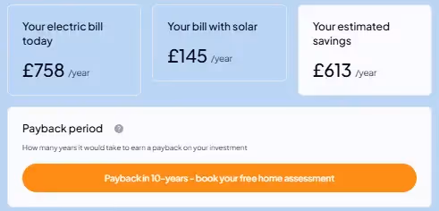 A screenshot from the dwellow website solar quote page, showing estimated savings