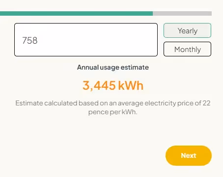 A screenshot from the dwellow website solar quote journey, asking for customer energy usage in a year