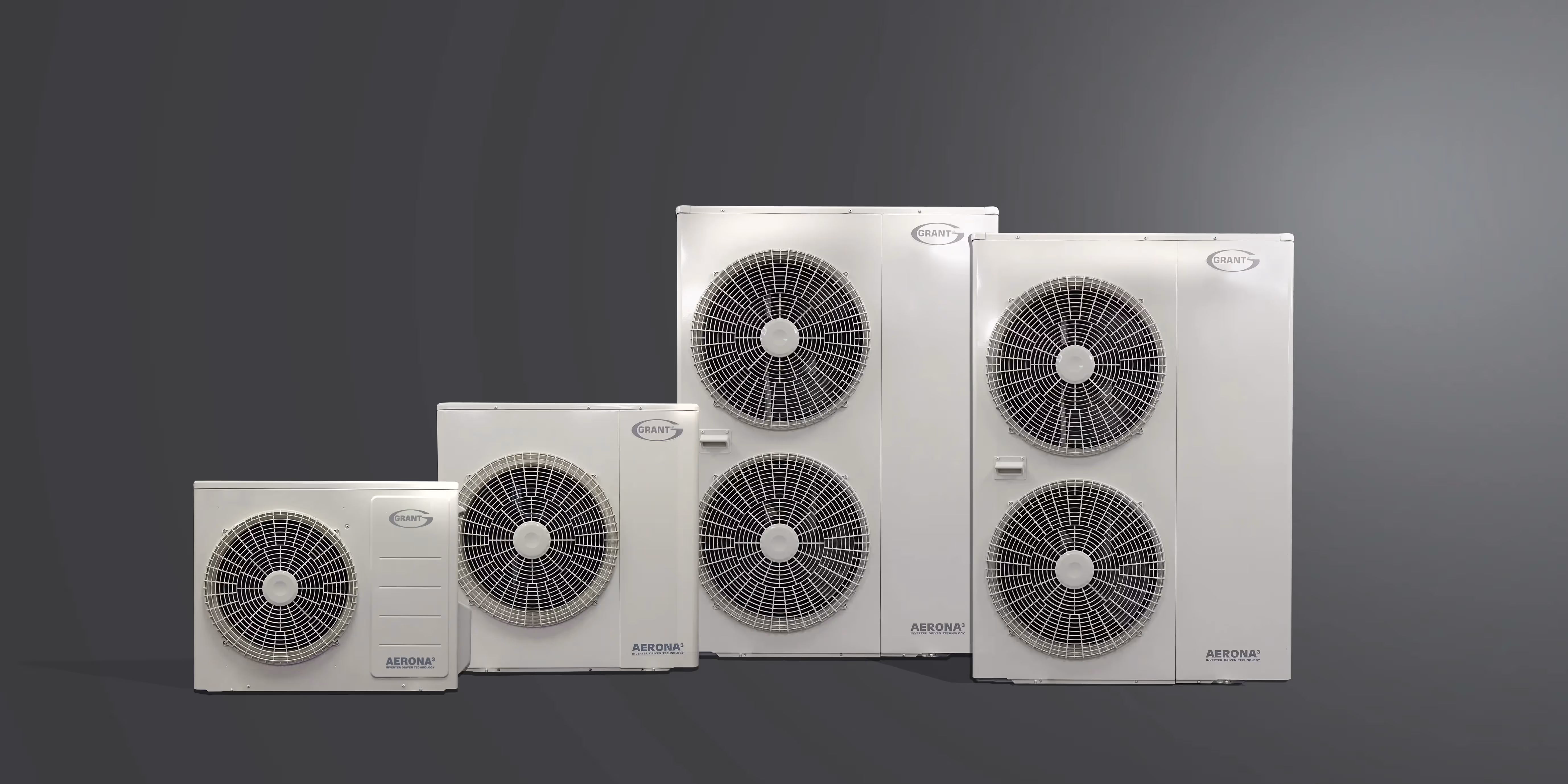 All the Grant Aerona Heat Pumps in a row alongside each other