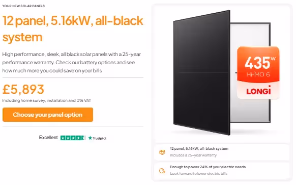 A screenshot from the dwellow website solar quote page