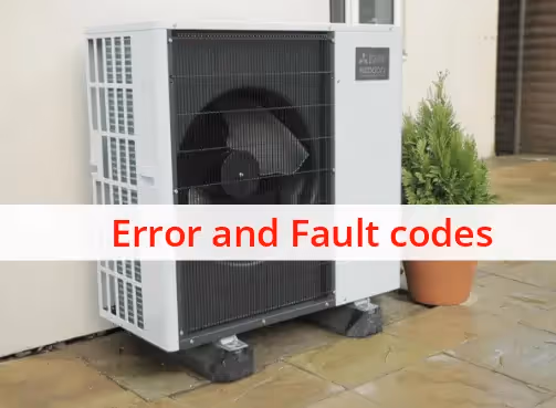 A Mitsubishi Ecodan on a patio outside, with the text 'Error and Fault Codes' across the image