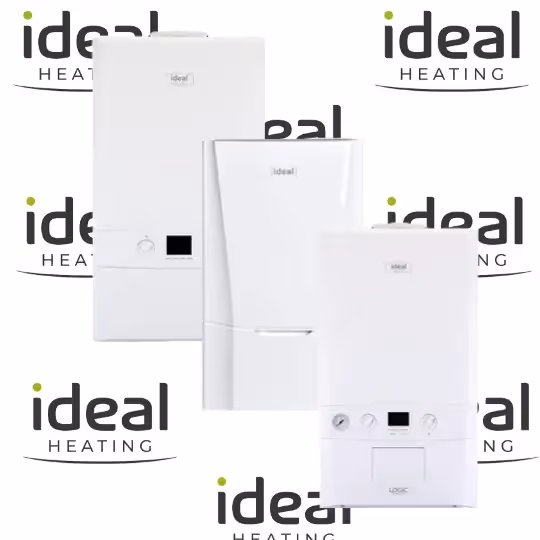 A background banner of Ideal Heating logo with 3 of their combi boilers in front