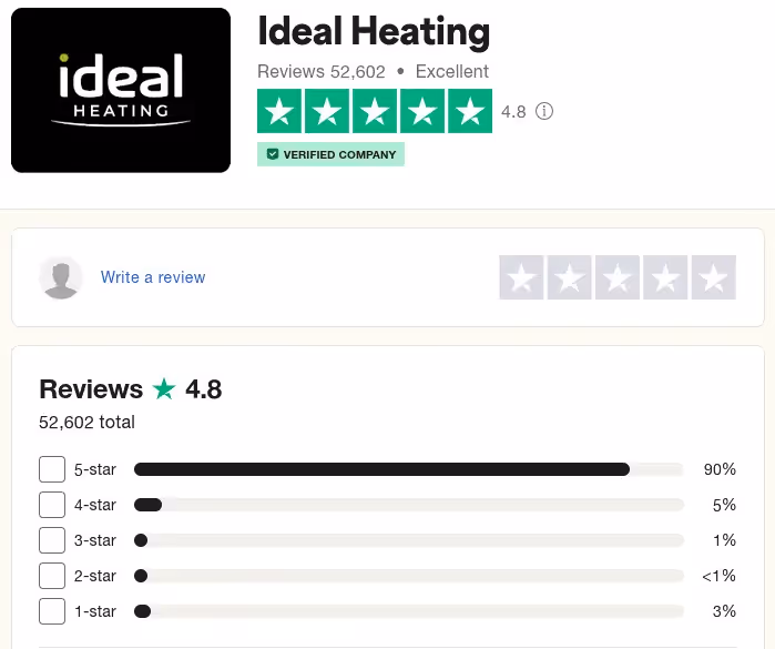 A screenshot of the Ideal Heating TrustPilot page, showing a score of 4.8