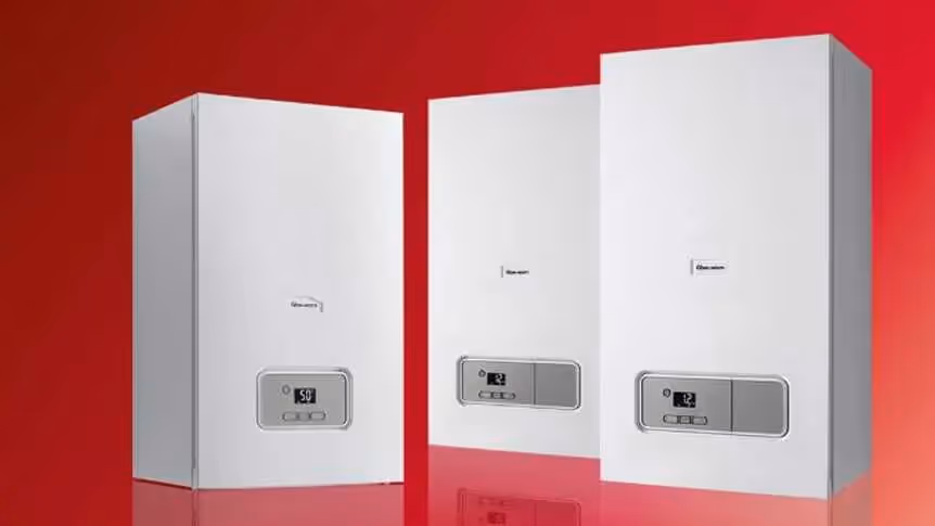 Three Glowworm boilers with a red background