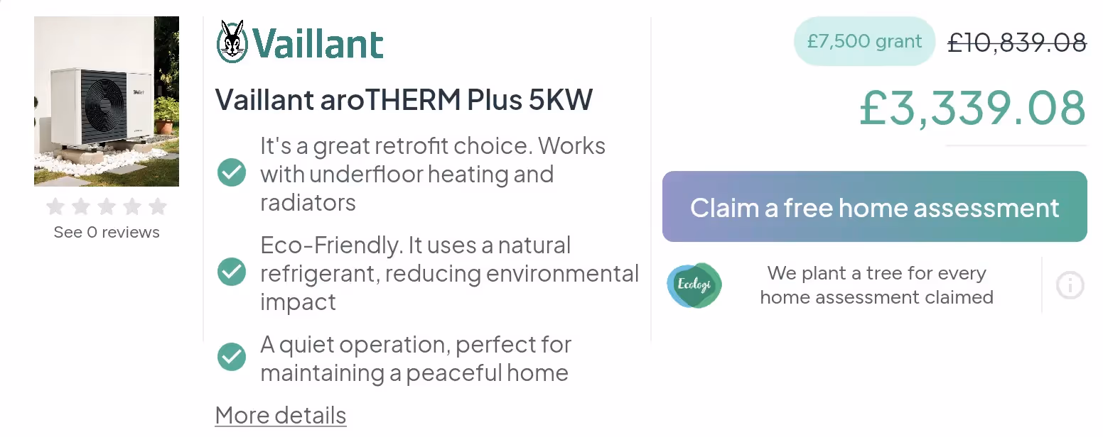 Screenshot of a quote for a Vaillant aroTHERM Plus 5kW for £3,339.08