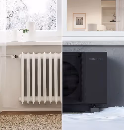 A picture of half a radiator and half a Samsung EHS R32 heat pump meshed together