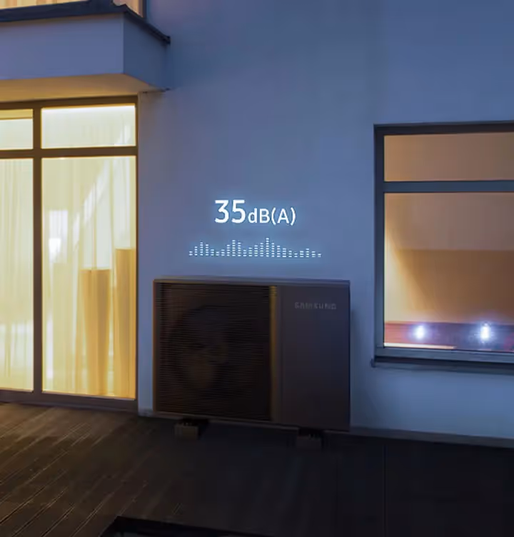Image of Samsung EHS R32 heat pump outside a house with 35 decibels written above it