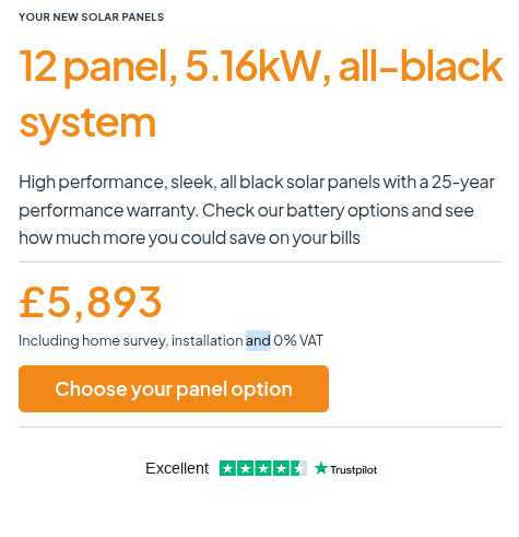 A snippet from the dwellow website showing a quote for a 12 panel solar array at £5,893