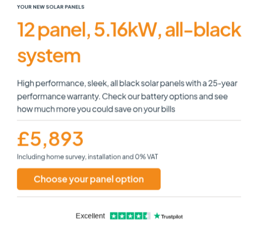 A snippet from the dwellow website showing a quote for a 12 panel solar array at £5,893