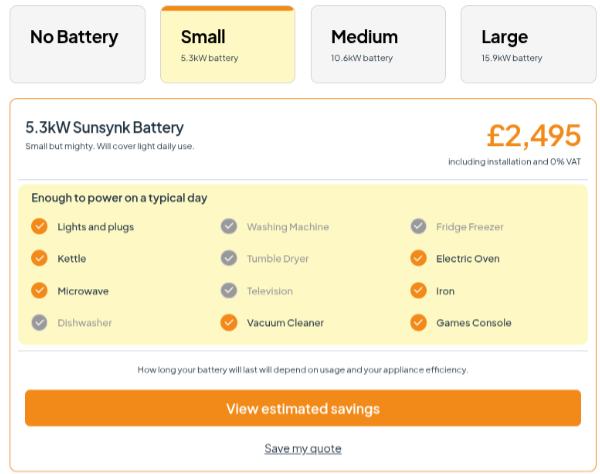 A snippet from the dwellow website showing the price of a 5kwh battery at £4,995